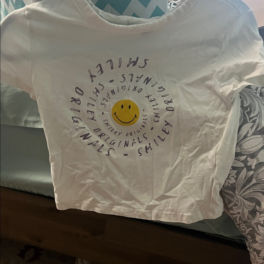 H&M White Crop Top with Purple and Yellow Smiley Design